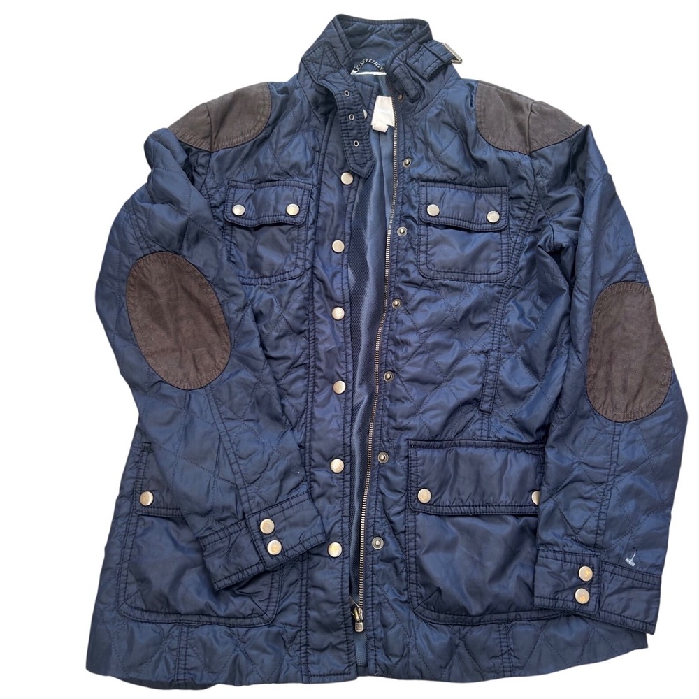 Banana Republic Navy Quilted Barn Jacket Brown Elbow Patches Petite XS PXS